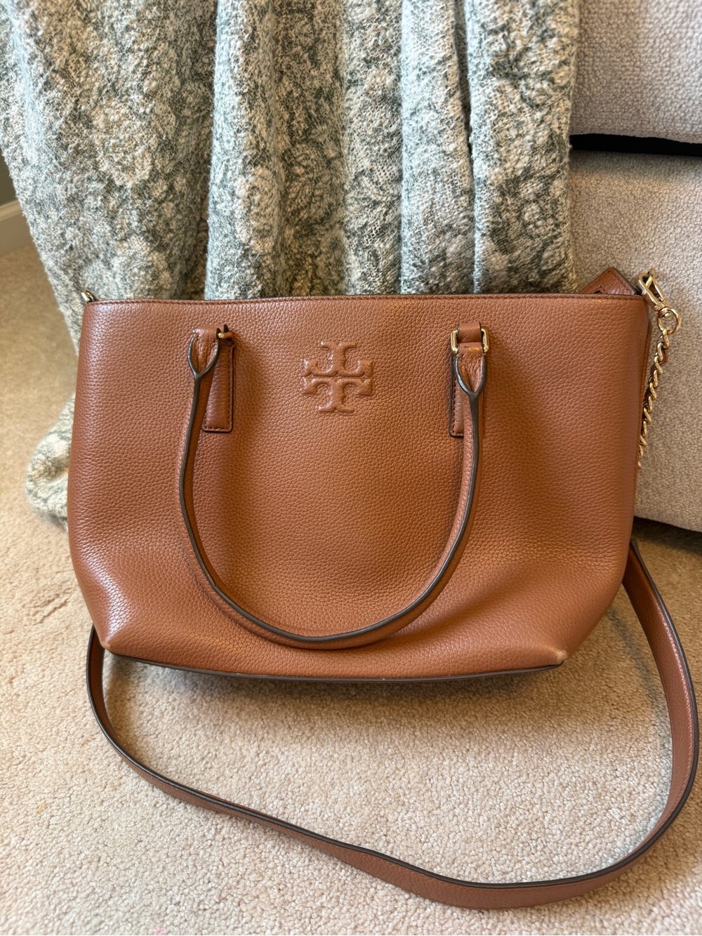 Tory Burch Thea Cognac Pebbled Leather Tote with Chain Strap
